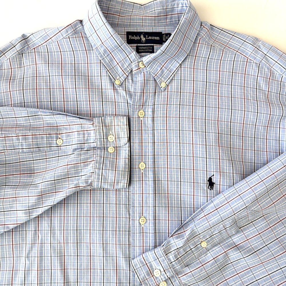 Vtg Polo Ralph Lauren Men's 18 34/35 Yarmouth Dress Shirt Blue Plaid 2XL Preppy
